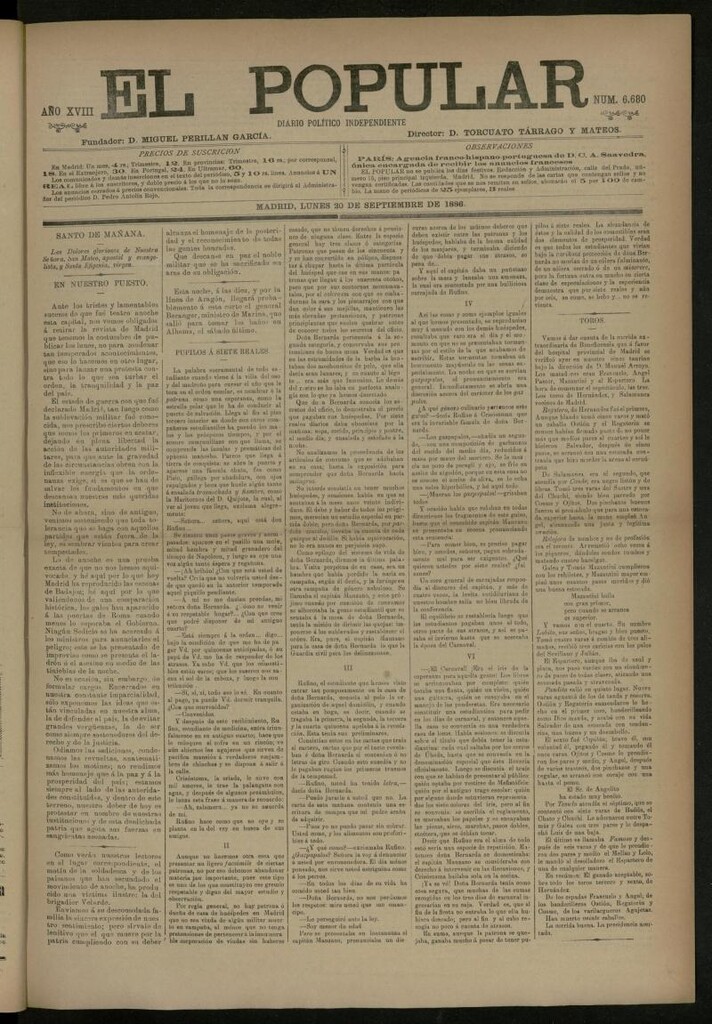 Miniatura de El Popular: diario independiente, político, literario y de noticias de interés general del 20 de septiembre de 1886, nº 6680