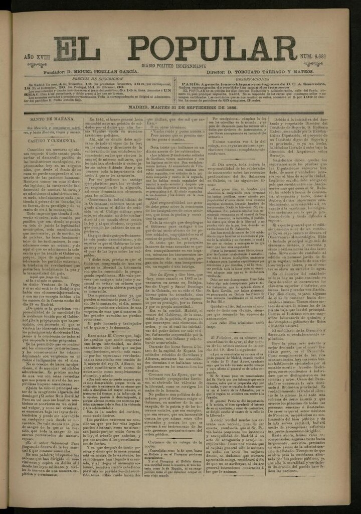 Miniatura de El Popular: diario independiente, político, literario y de noticias de interés general del 21 de septiembre de 1886, nº 6681
