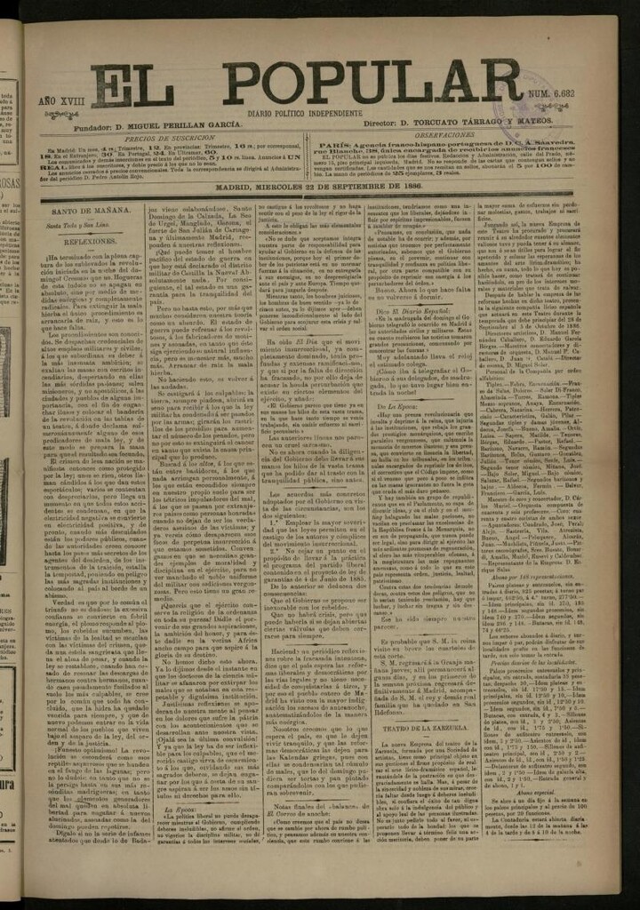 Miniatura de El Popular: diario independiente, político, literario y de noticias de interés general del 22 de septiembre de 1886, nº 6682