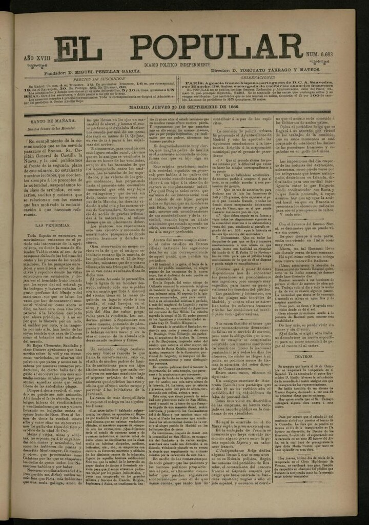 Miniatura de El Popular: diario independiente, político, literario y de noticias de interés general del 23 de septiembre de 1886, nº 6683