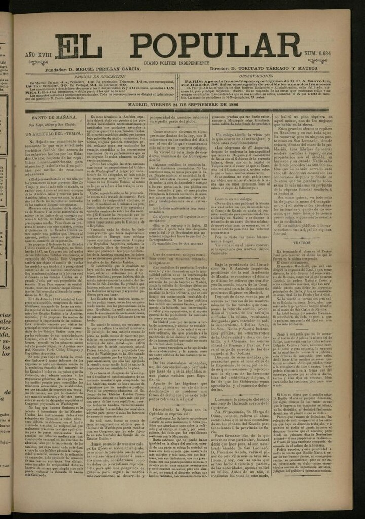 Miniatura de El Popular: diario independiente, político, literario y de noticias de interés general del 24 de septiembre de 1886, nº 6684