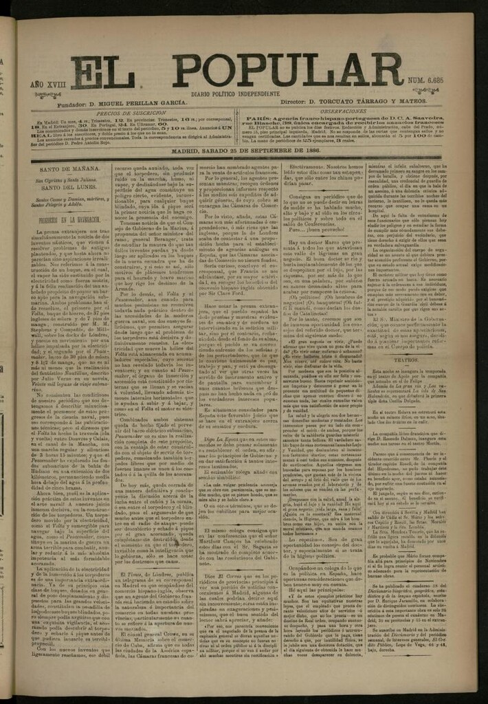Miniatura de El Popular: diario independiente, político, literario y de noticias de interés general del 25 de septiembre de 1886, nº 6685