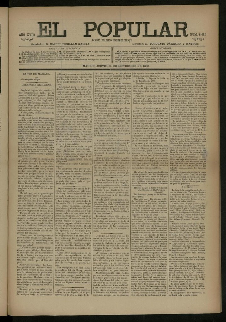 Miniatura de El Popular: diario independiente, político, literario y de noticias de interés general del 30 de septiembre de 1886, nº 6689