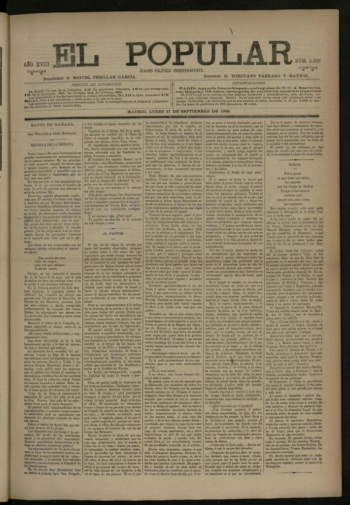 Miniatura de El Popular: diario independiente, político, literario y de noticias de interés general del 27 de septiembre de 1886, nº 6686