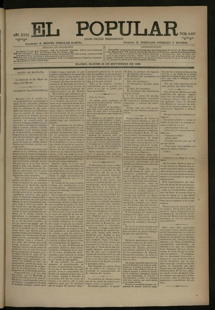 Miniatura de El Popular: diario independiente, político, literario y de noticias de interés general del 28 de septiembre de 1886, nº 6687