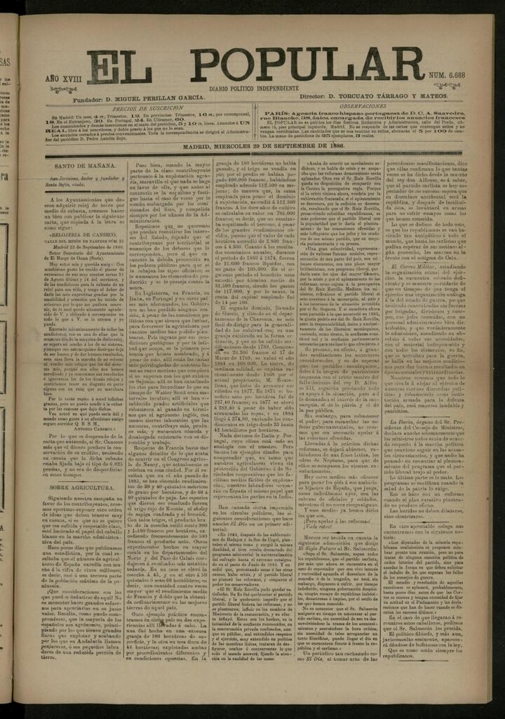 Miniatura de El Popular: diario independiente, político, literario y de noticias de interés general del 29 de septiembre de 1886, nº 6688