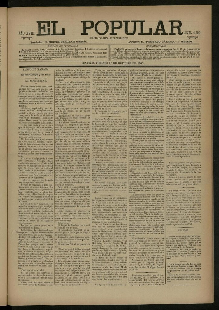 Miniatura de El Popular: diario independiente, político, literario y de noticias de interés general del 1 de octubre de 1886, nº 6690