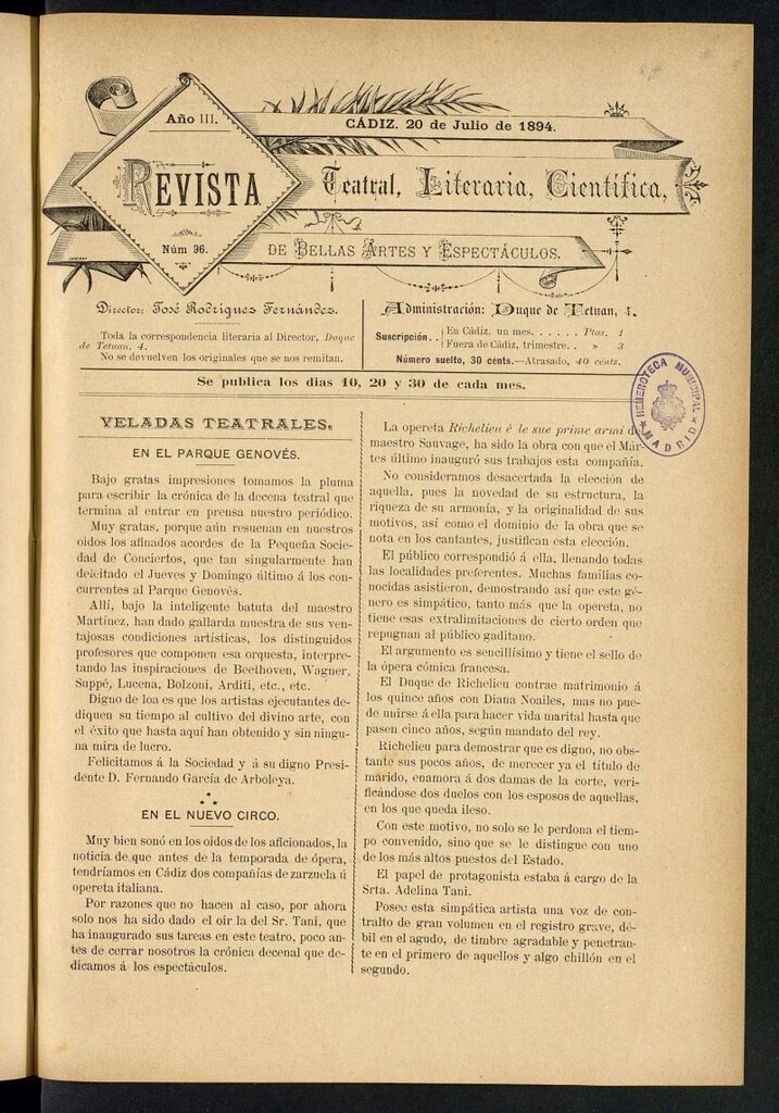 Miniatura de Revista Teatral, Literaria, Científica, de Bellas Artes y Espectáculos. Nº 96