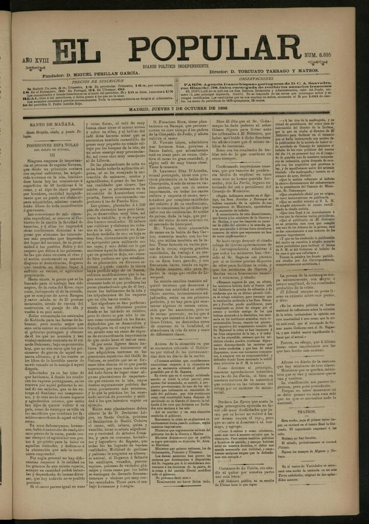 Miniatura de El Popular: diario independiente, político, literario y de noticias de interés general del 7 de octubre de 1886, nº 6695