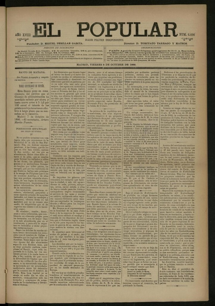 Miniatura de El Popular: diario independiente, político, literario y de noticias de interés general del 8 de octubre de 1886, nº 6696