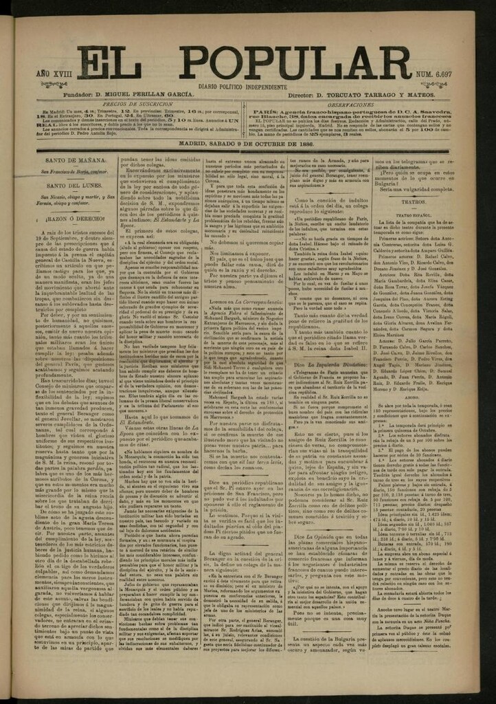 Miniatura de El Popular: diario independiente, político, literario y de noticias de interés general del 9 de octubre de 1886, nº 6697