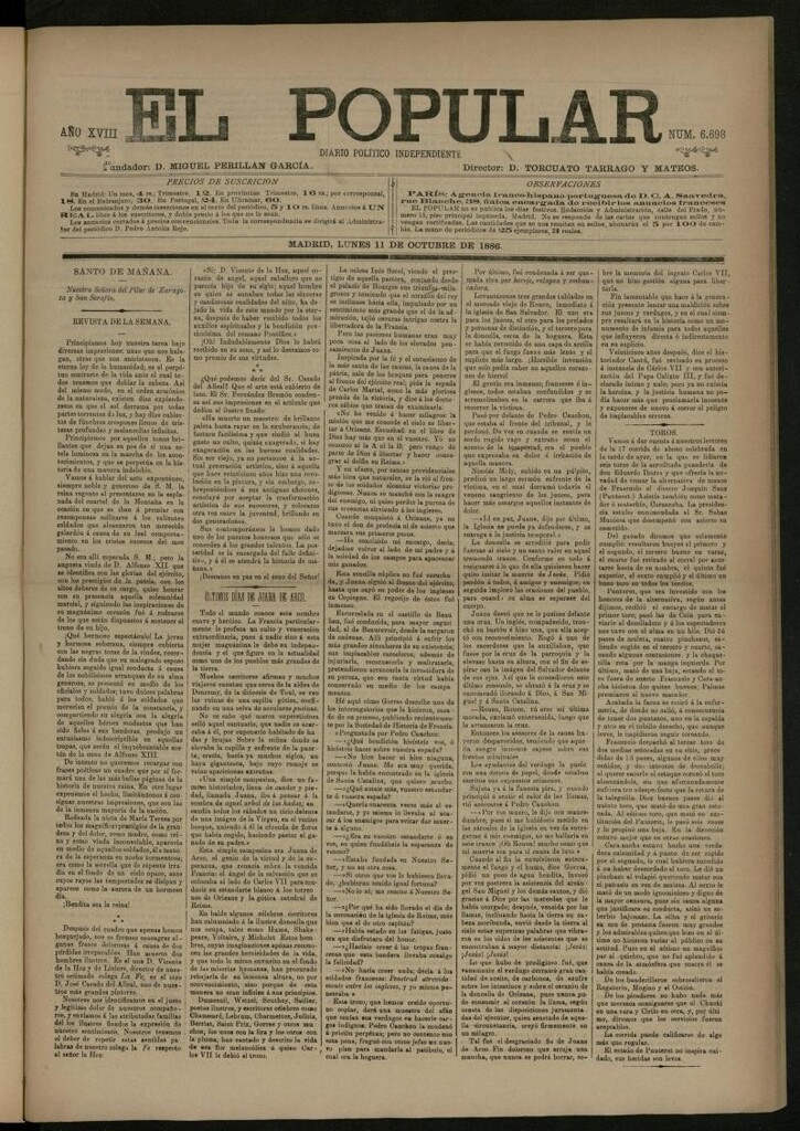 Miniatura de El Popular: diario independiente, político, literario y de noticias de interés general del 11 de octubre de 1886, nº 6698