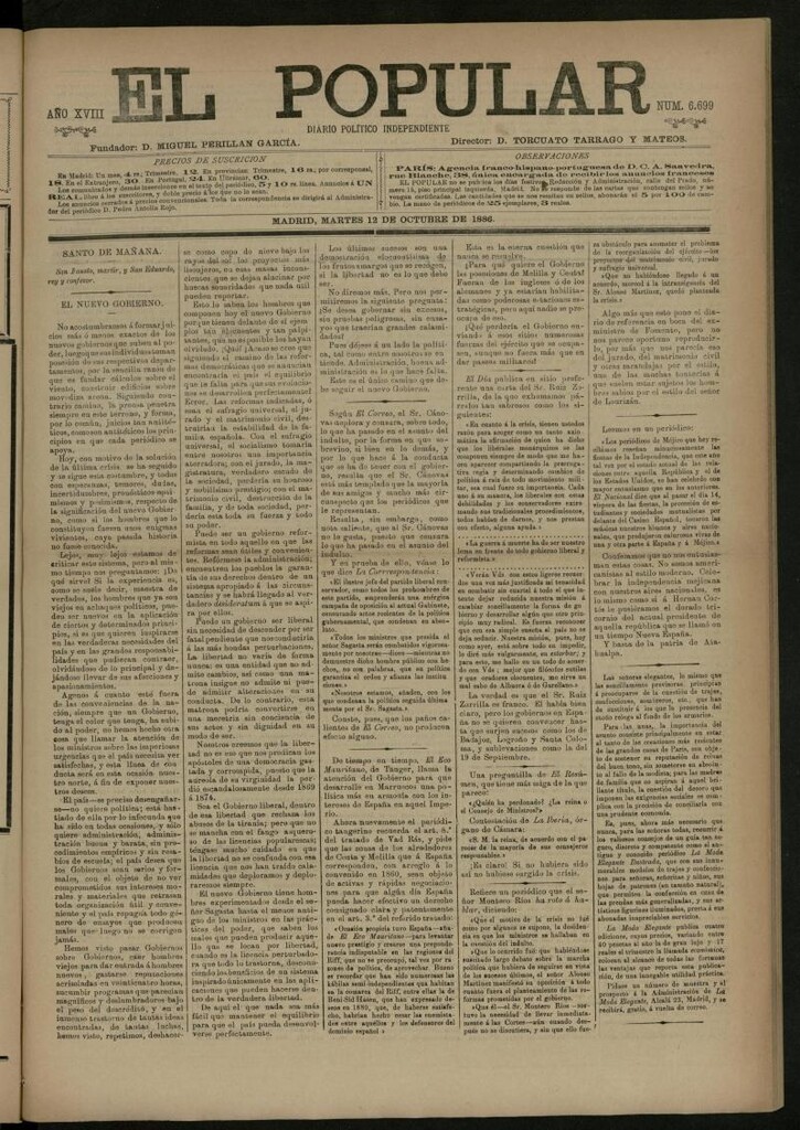 Miniatura de El Popular: diario independiente, político, literario y de noticias de interés general del 12 de octubre de 1886, nº 6699