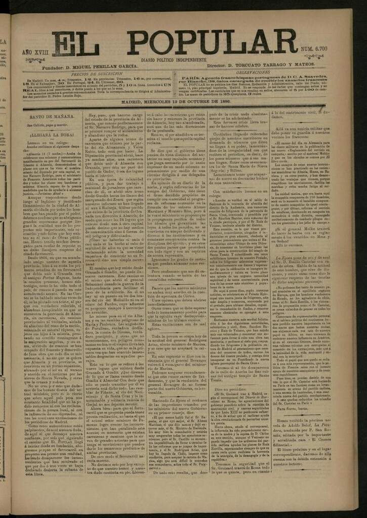 Miniatura de El Popular: diario independiente, político, literario y de noticias de interés general del 13 de octubre de 1886, nº 6700