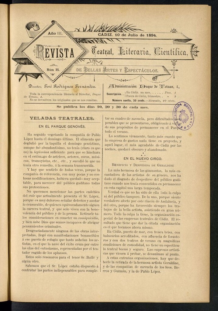 Miniatura de Revista Teatral, Literaria, Científica, de Bellas Artes y Espectáculos. Nº 95