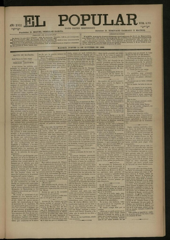 Miniatura de El Popular: diario independiente, político, literario y de noticias de interés general del 14 de octubre de 1886, nº 6701