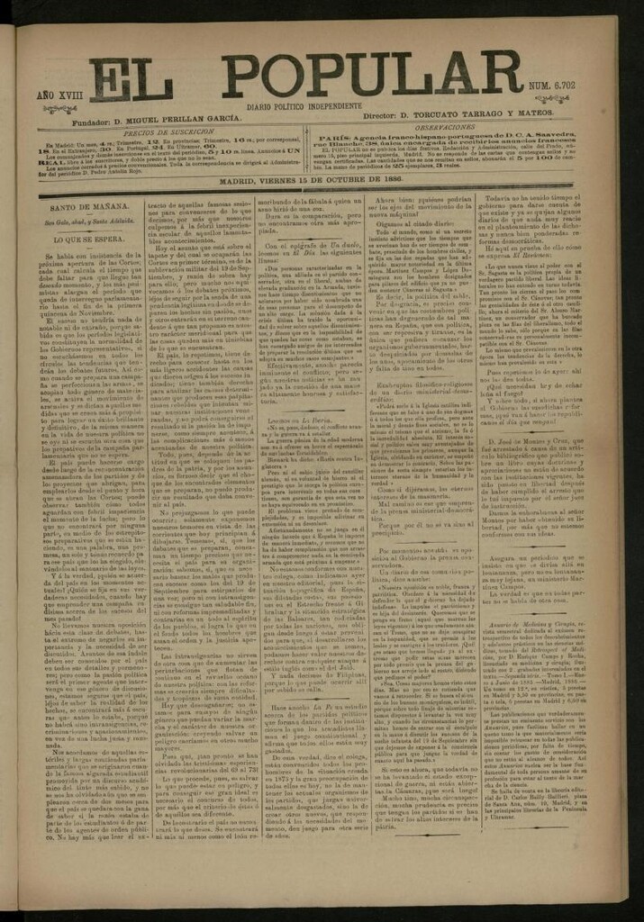 Miniatura de El Popular: diario independiente, político, literario y de noticias de interés general del 15 de octubre de 1886, nº 6702