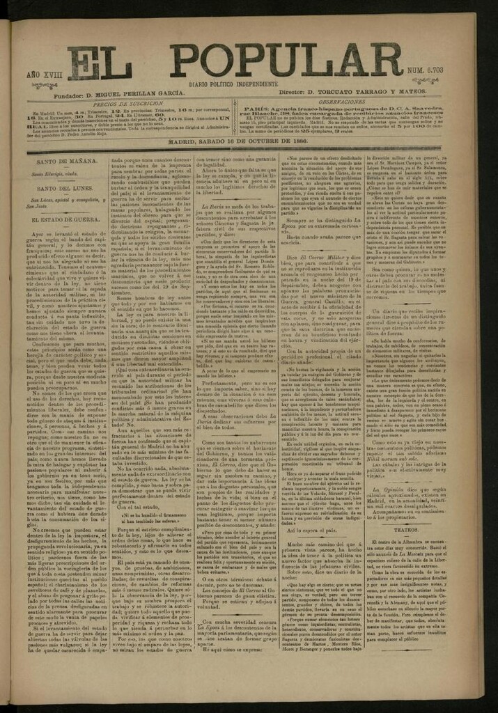 Miniatura de El Popular: diario independiente, político, literario y de noticias de interés general del 16 de octubre de 1886, nº 6703