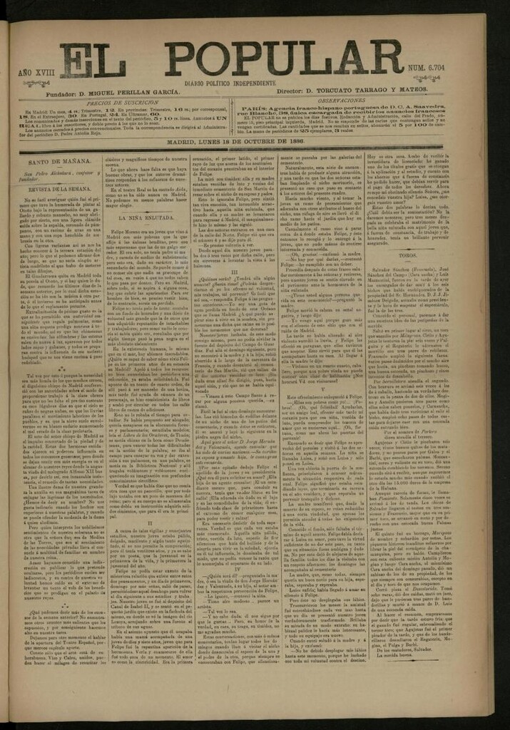 Miniatura de El Popular: diario independiente, político, literario y de noticias de interés general del 18 de octubre de 1886, nº 6704