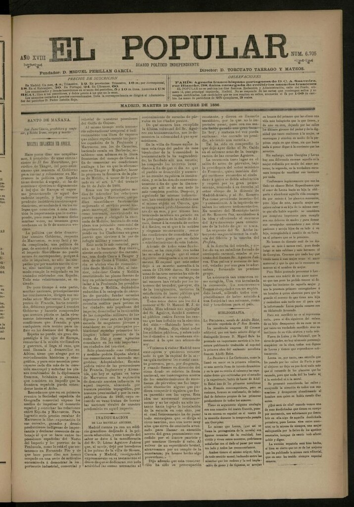 Miniatura de El Popular: diario independiente, político, literario y de noticias de interés general del 19 de octubre de 1886, nº 6705