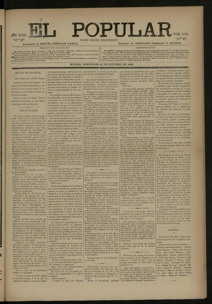 Miniatura de El Popular: diario independiente, político, literario y de noticias de interés general del 20 de octubre de 1886, nº 6706