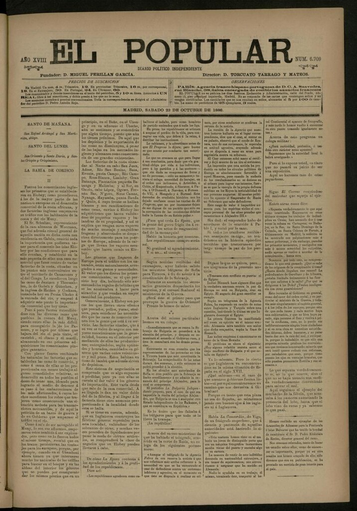 Miniatura de El Popular: diario independiente, político, literario y de noticias de interés general del 23 de octubre de 1886, nº 6709