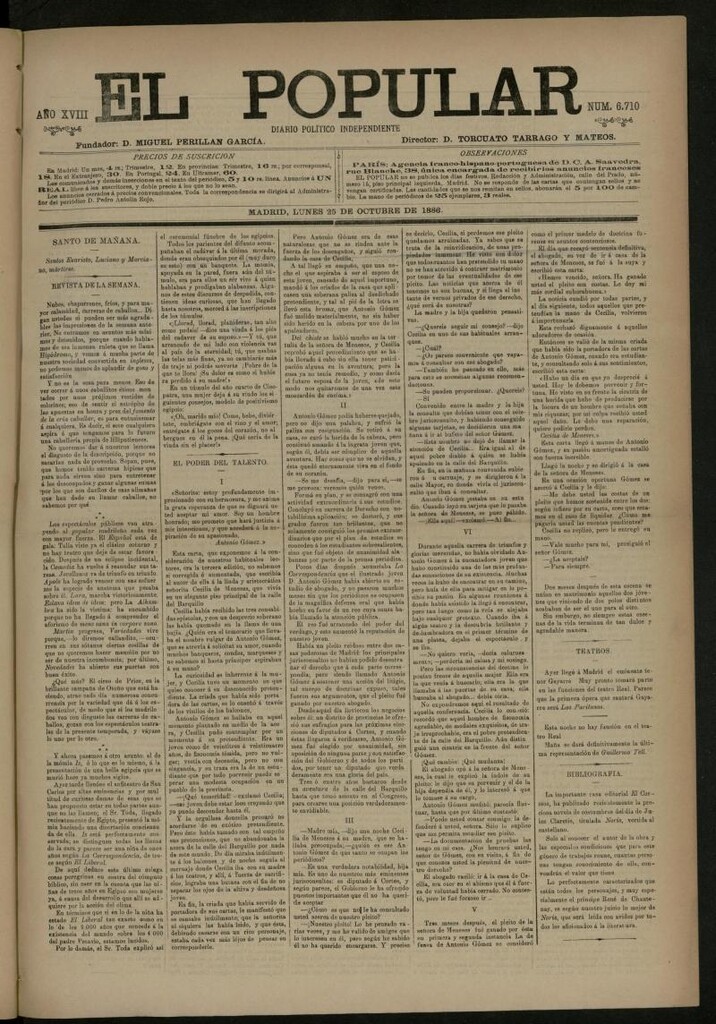 Miniatura de El Popular: diario independiente, político, literario y de noticias de interés general del 25 de octubre de 1886, nº 6710