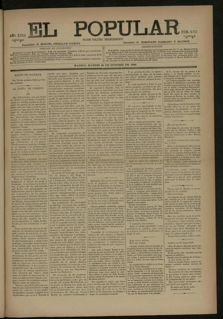 Miniatura de El Popular: diario independiente, político, literario y de noticias de interés general del 26 de octubre de 1886, nº 6711