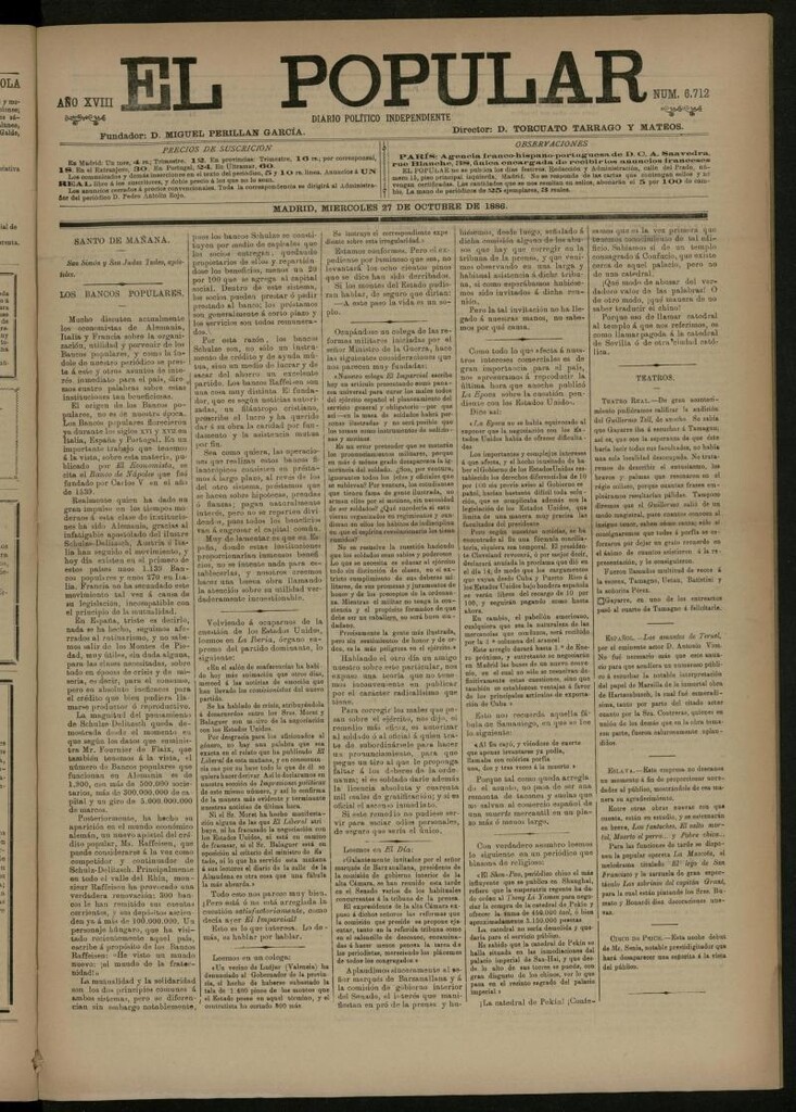 Miniatura de El Popular: diario independiente, político, literario y de noticias de interés general del 27 de octubre de 1886, nº 6712