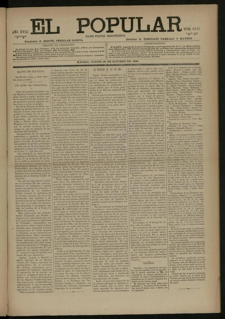 Miniatura de El Popular: diario independiente, político, literario y de noticias de interés general del 28 de octubre de 1886, nº 6713