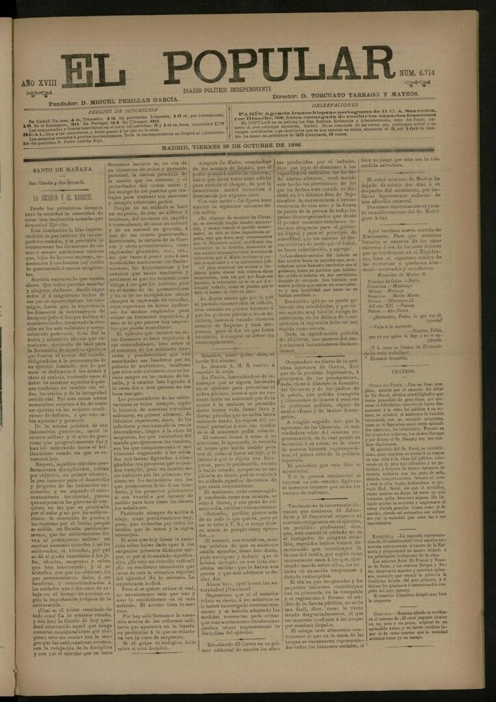 Miniatura de El Popular: diario independiente, político, literario y de noticias de interés general del 29 de octubre de 1886, nº 6714