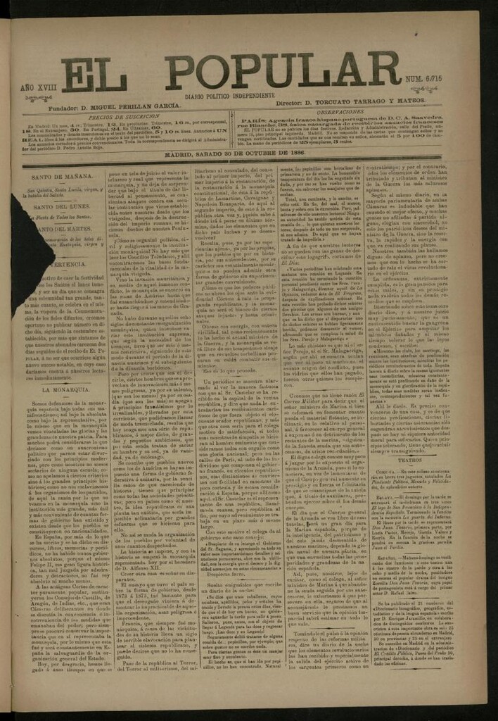 Miniatura de El Popular: diario independiente, político, literario y de noticias de interés general del 30 de octubre de 1886, nº 6715