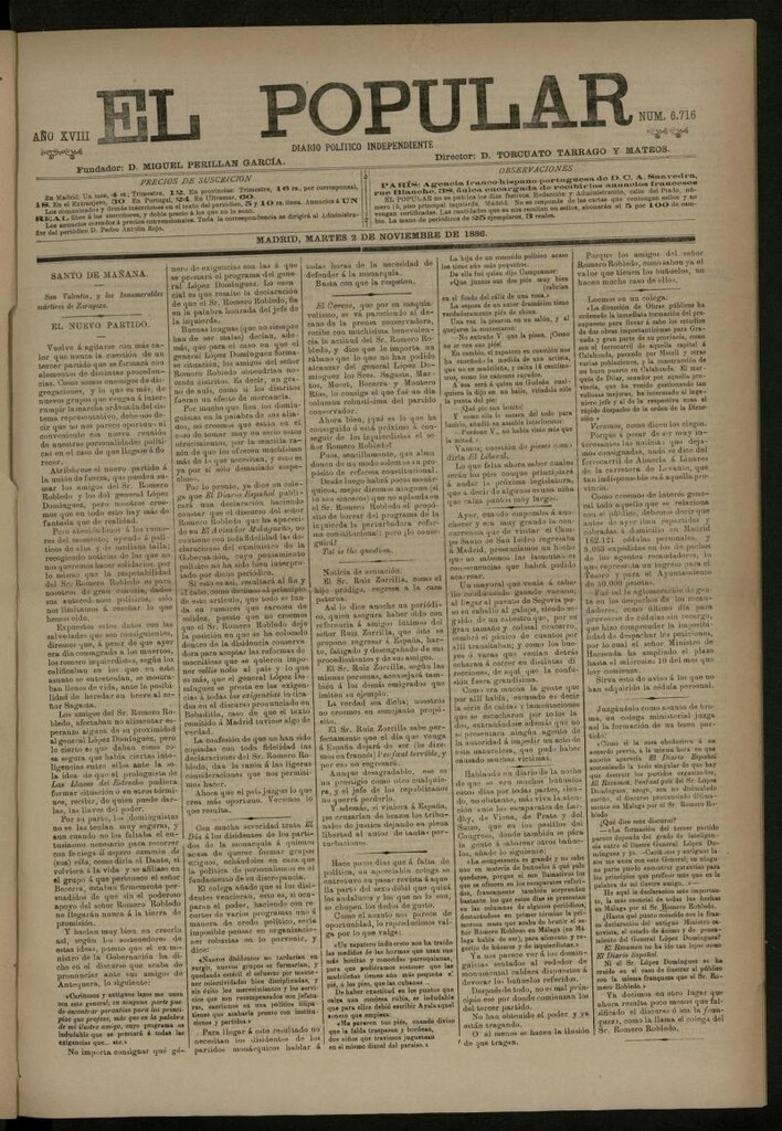 Miniatura de El Popular: diario independiente, político, literario y de noticias de interés general del 2 de Noviembre de 1886, nº 6716