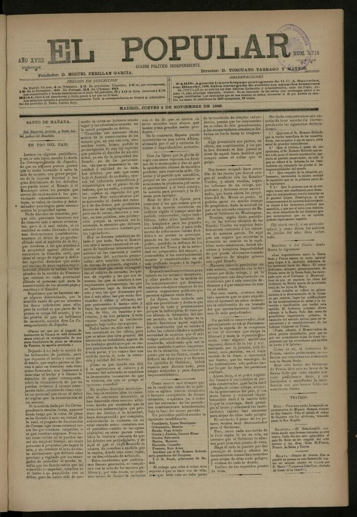 Miniatura de El Popular: diario independiente, político, literario y de noticias de interés general del 4 de noviembre de 1886, nº 6718