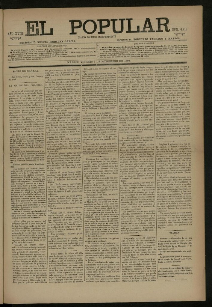 Miniatura de El Popular: diario independiente, político, literario y de noticias de interés general del 5 de noviembre de 1886, nº 6719