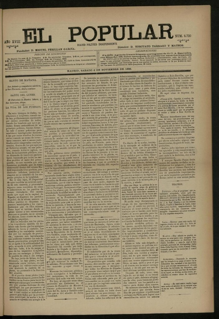 Miniatura de El Popular: diario independiente, político, literario y de noticias de interés general del 6 de noviembre de 1886, nº 6720
