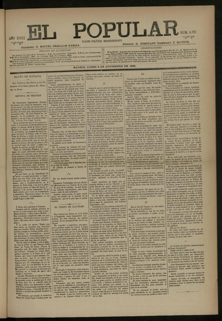 Miniatura de El Popular: diario independiente, político, literario y de noticias de interés general del 8 de noviembre de 1886, nº 6721