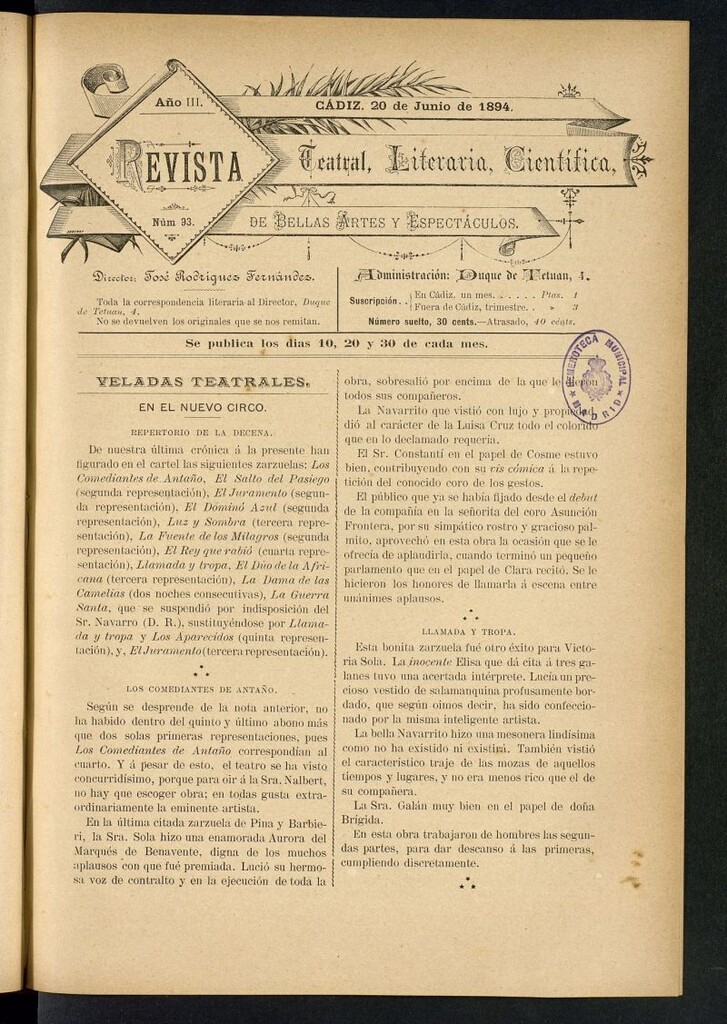 Miniatura de Revista Teatral, Literaria, Científica, de Bellas Artes y Espectáculos. Nº 93