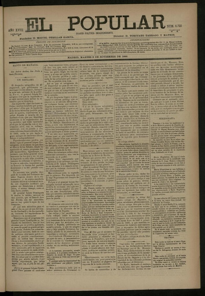 Miniatura de El Popular: diario independiente, político, literario y de noticias de interés general del 9 de noviembre de 1886, nº 6722