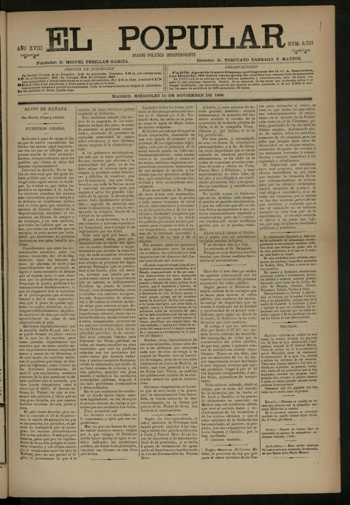 Miniatura de El Popular: diario independiente, político, literario y de noticias de interés general del 10 de noviembre de 1886, nº 6723