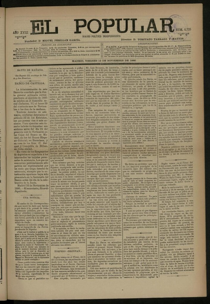 Miniatura de El Popular: diario independiente, político, literario y de noticias de interés general del 12 de noviembre de 1886, nº 6725