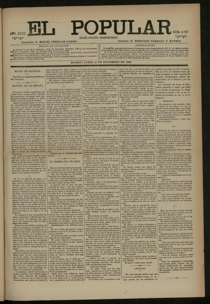 Miniatura de El Popular: diario independiente, político, literario y de noticias de interés general del 15 de noviembre de 1886, nº 6727