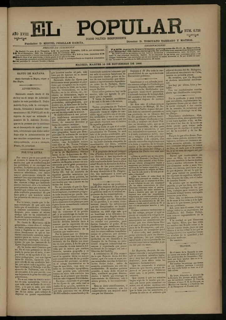 Miniatura de El Popular: diario independiente, político, literario y de noticias de interés general del 16 de noviembre de 1886, nº 6728