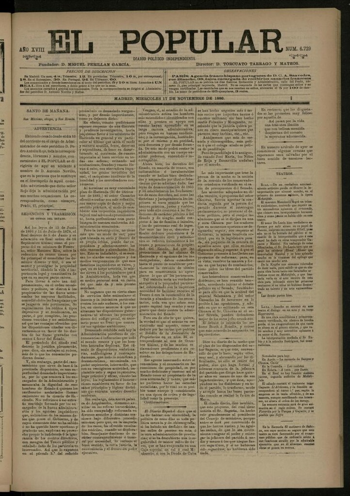 Miniatura de El Popular: diario independiente, político, literario y de noticias de interés general del 17 de noviembre de 1886, nº 6729
