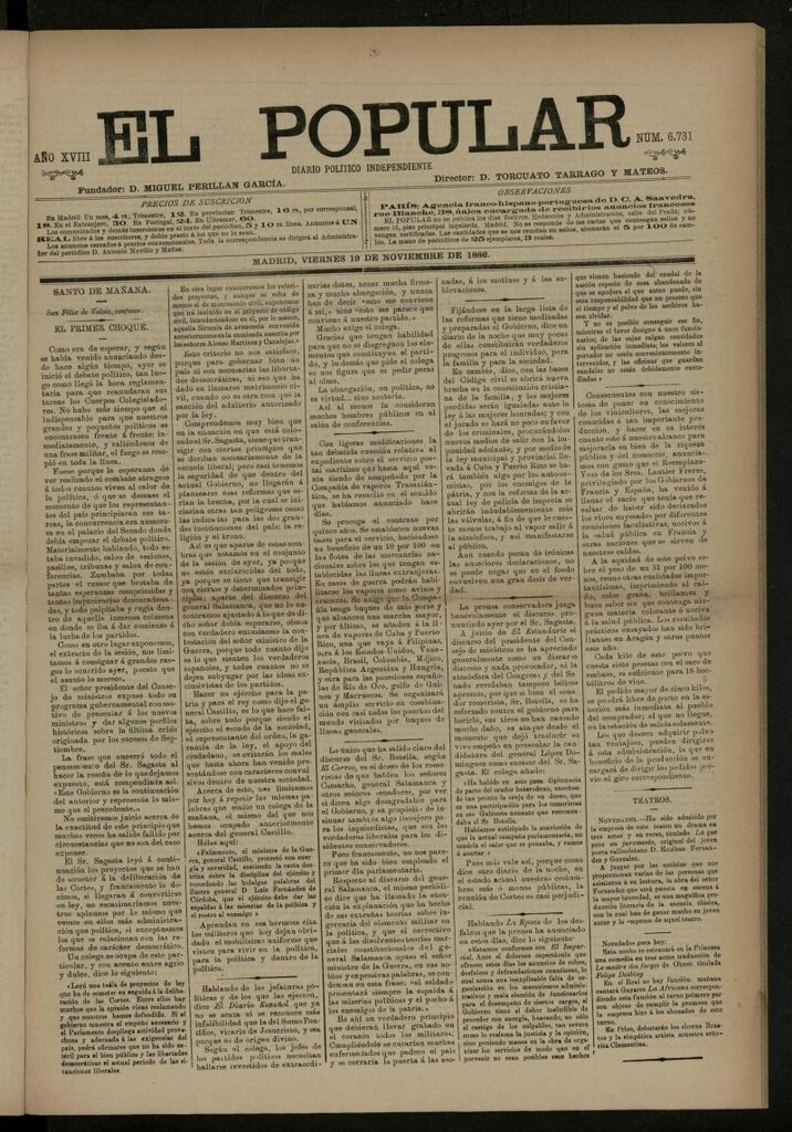 Miniatura de El Popular: diario independiente, político, literario y de noticias de interés general del 19 de noviembre de 1886, nº 6731