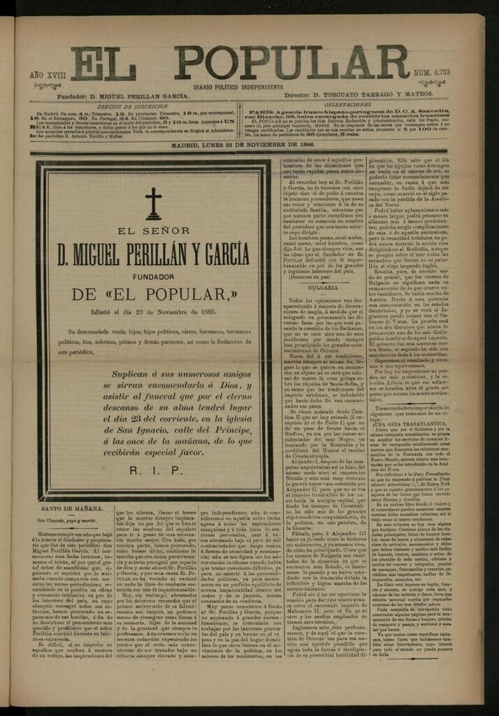 Miniatura de El Popular: diario independiente, político, literario y de noticias de interés general del 22 de noviembre de 1886, nº 6733