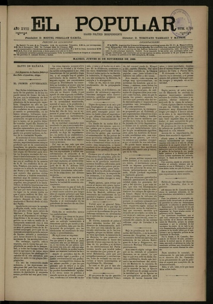 Miniatura de El Popular: diario independiente, político, literario y de noticias de interés general del 25 de noviembre de 1886, nº 6736