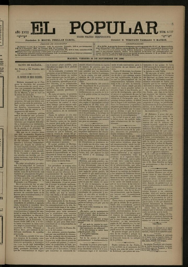 Miniatura de El Popular: diario independiente, político, literario y de noticias de interés general del 26 de noviembre de 1886, nº 6737