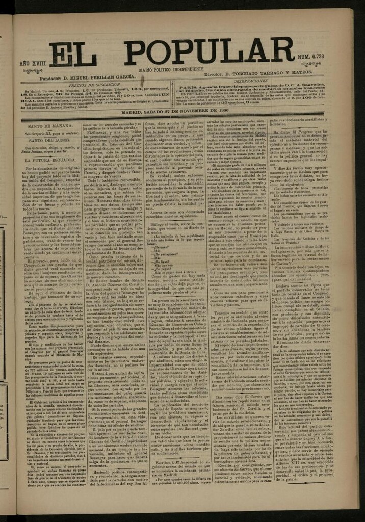 Miniatura de El Popular: diario independiente, político, literario y de noticias de interés general del 27 de noviembre de 1886, nº 6738