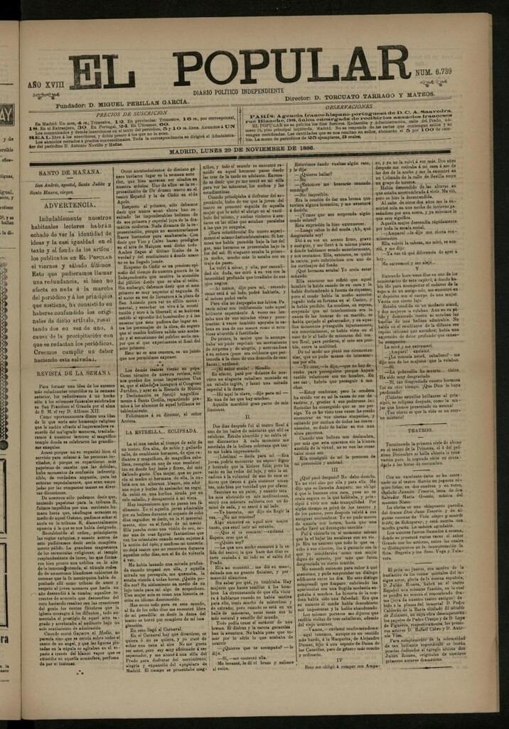 Miniatura de El Popular: diario independiente, político, literario y de noticias de interés general del 29 de noviembre de 1886, nº 6739
